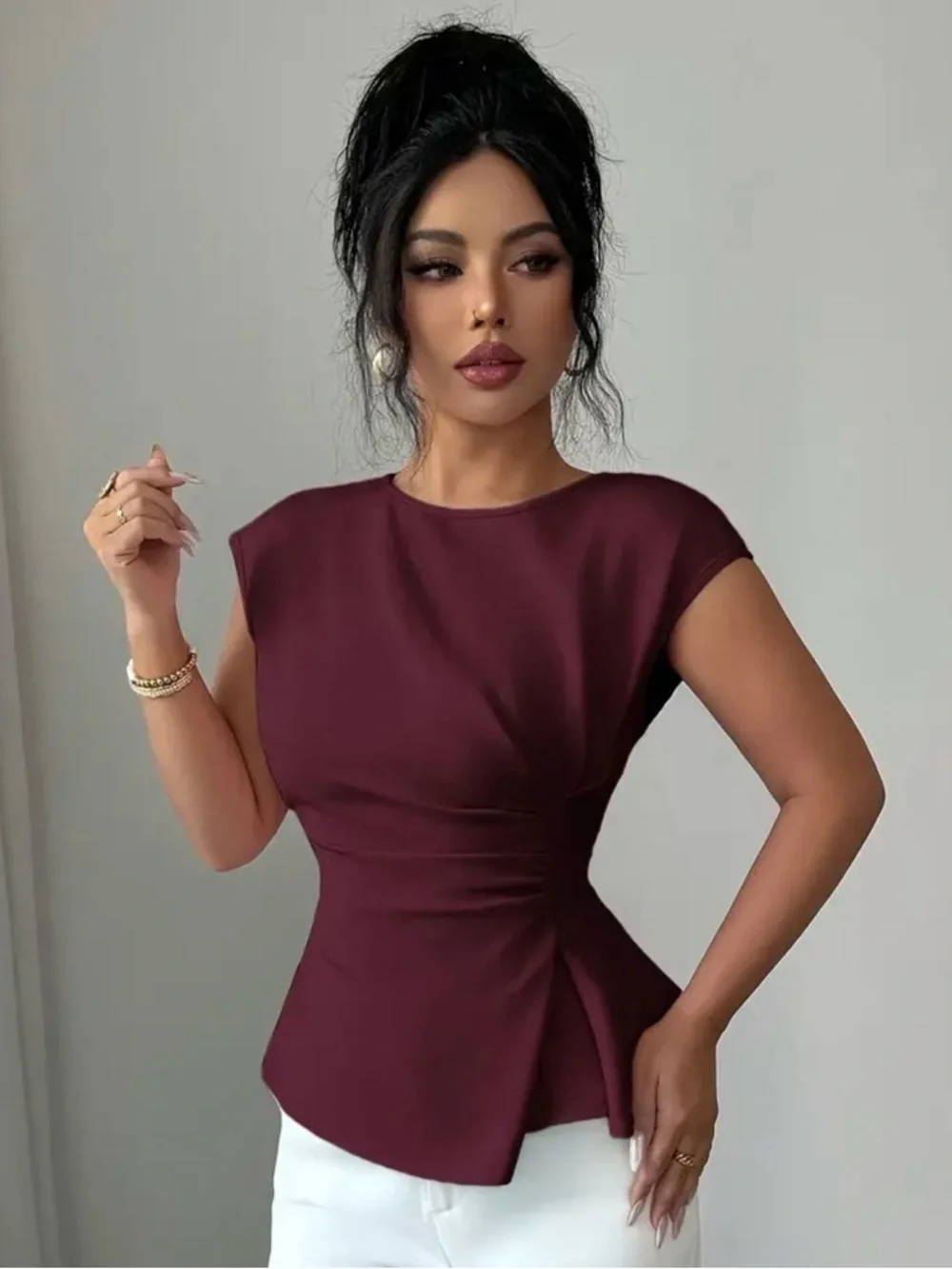 Sculpted Peplum Cap-Sleeve Top in Deep Maroon - Picture 2 of 3
